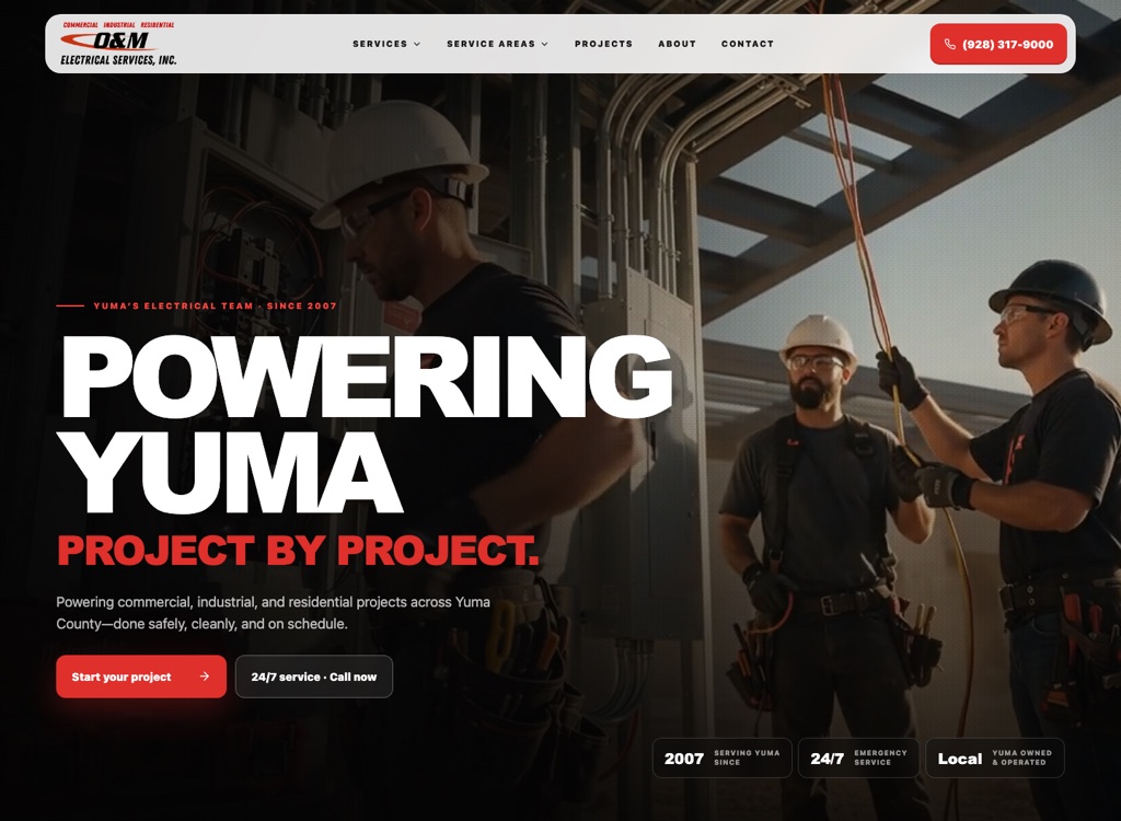 O&M Electrical Services website with the headline Powering Yuma, project by project